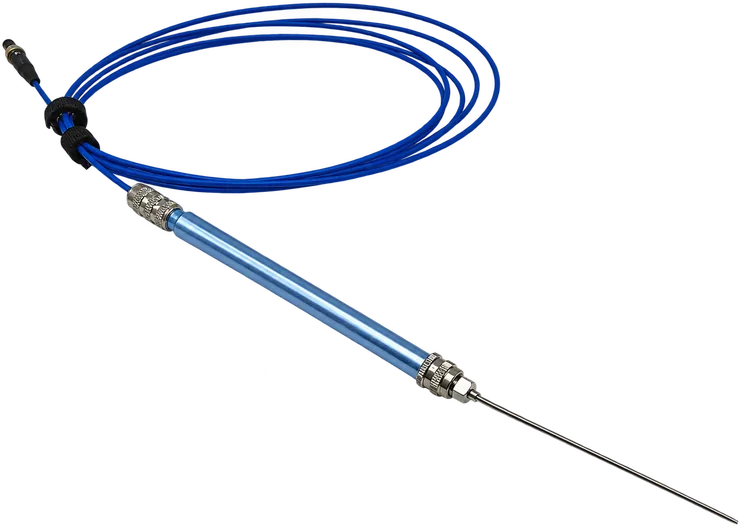 Fibra de transmisión desnuda con pieza de mano azul y punta metálica