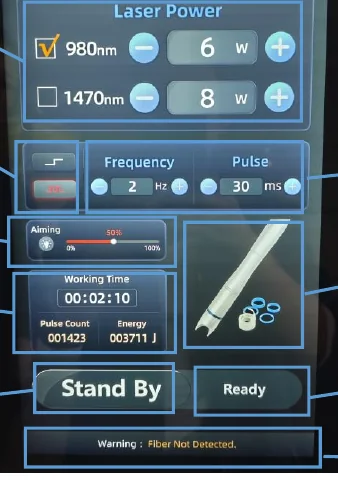 Controles en pantalla táctil para potencia láser, frecuencia, ancho de pulso, haz guía y estado