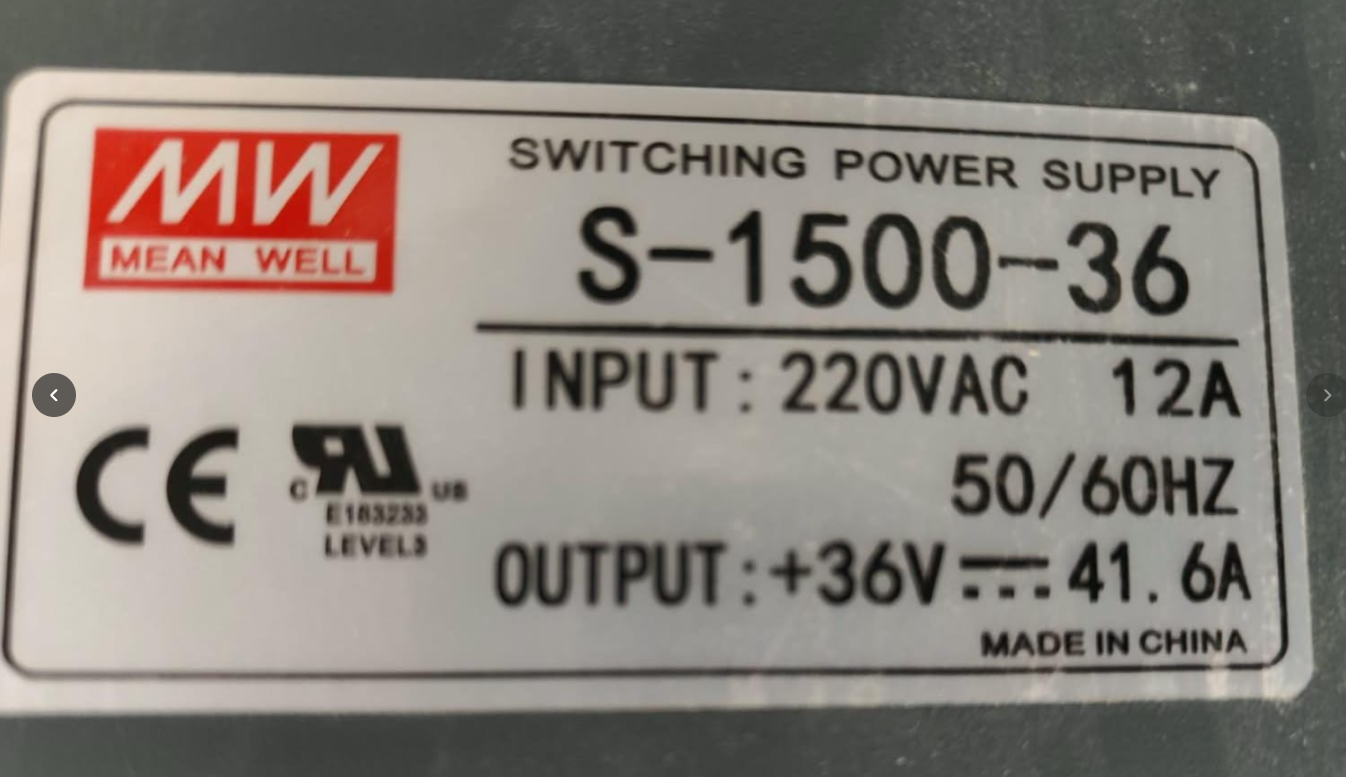 S-1500-36 switching power supply nameplate showing 220VAC input and 36V 41.6A output